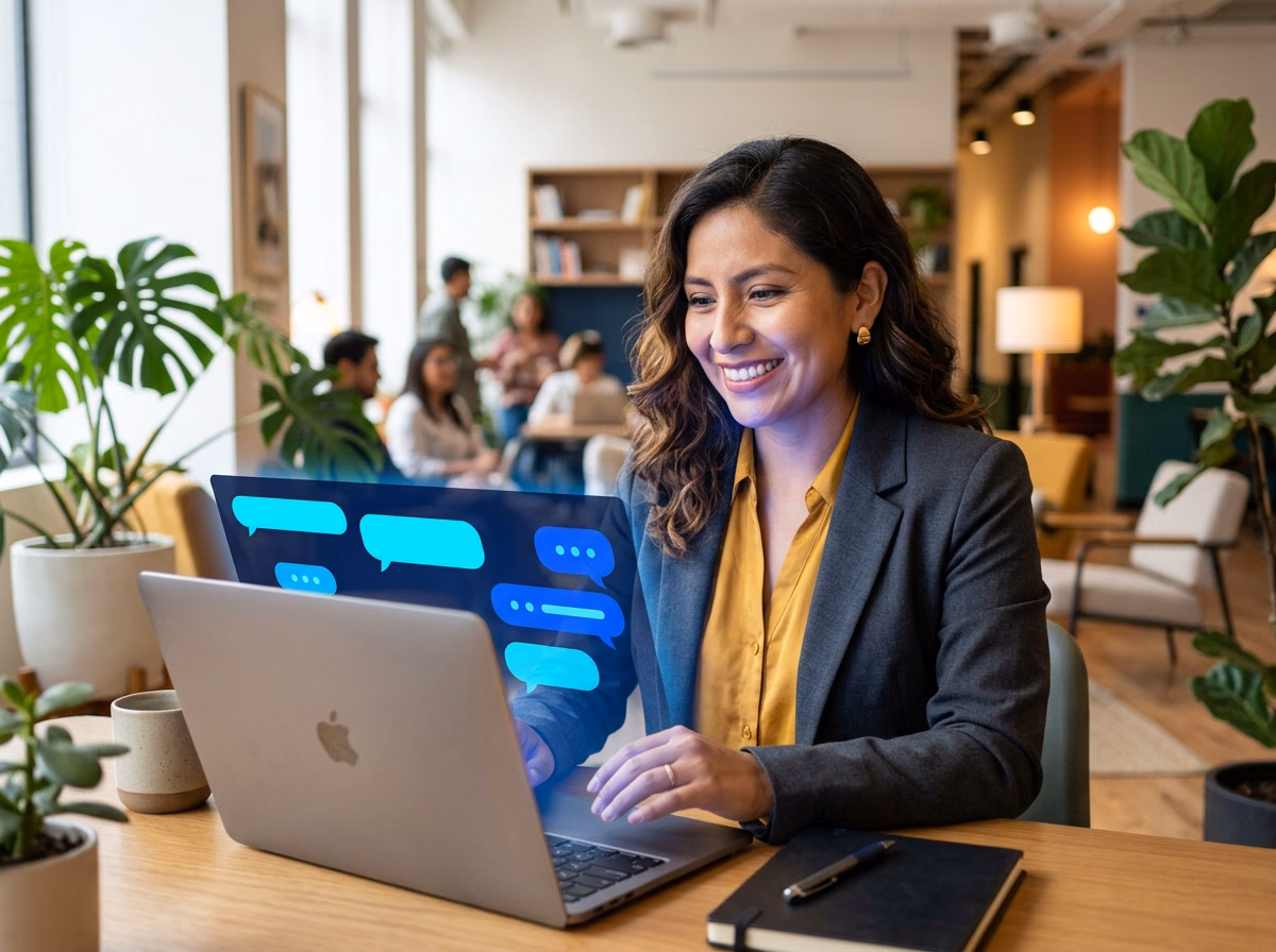 Emprendedora usando chatbot con inteligencia artificial para su negocio